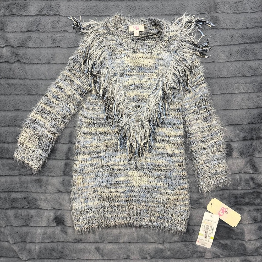 GB Girls Blue Space Dye Fringe V-Neck Fuzzy Knit Sweater Dress Size 4 GX8186MFM